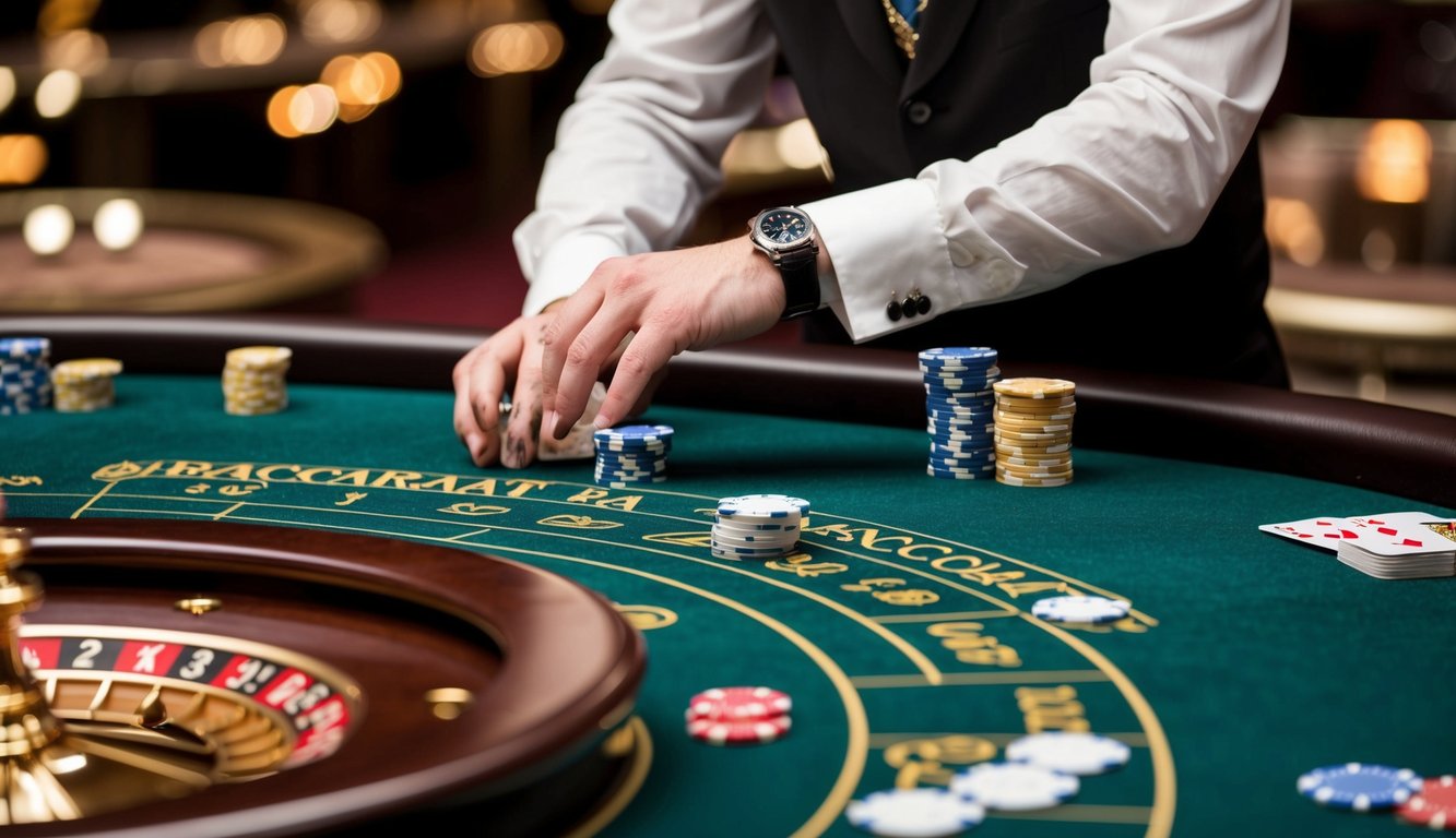 Sebuah meja baccarat dengan kartu, chip, dan seorang dealer