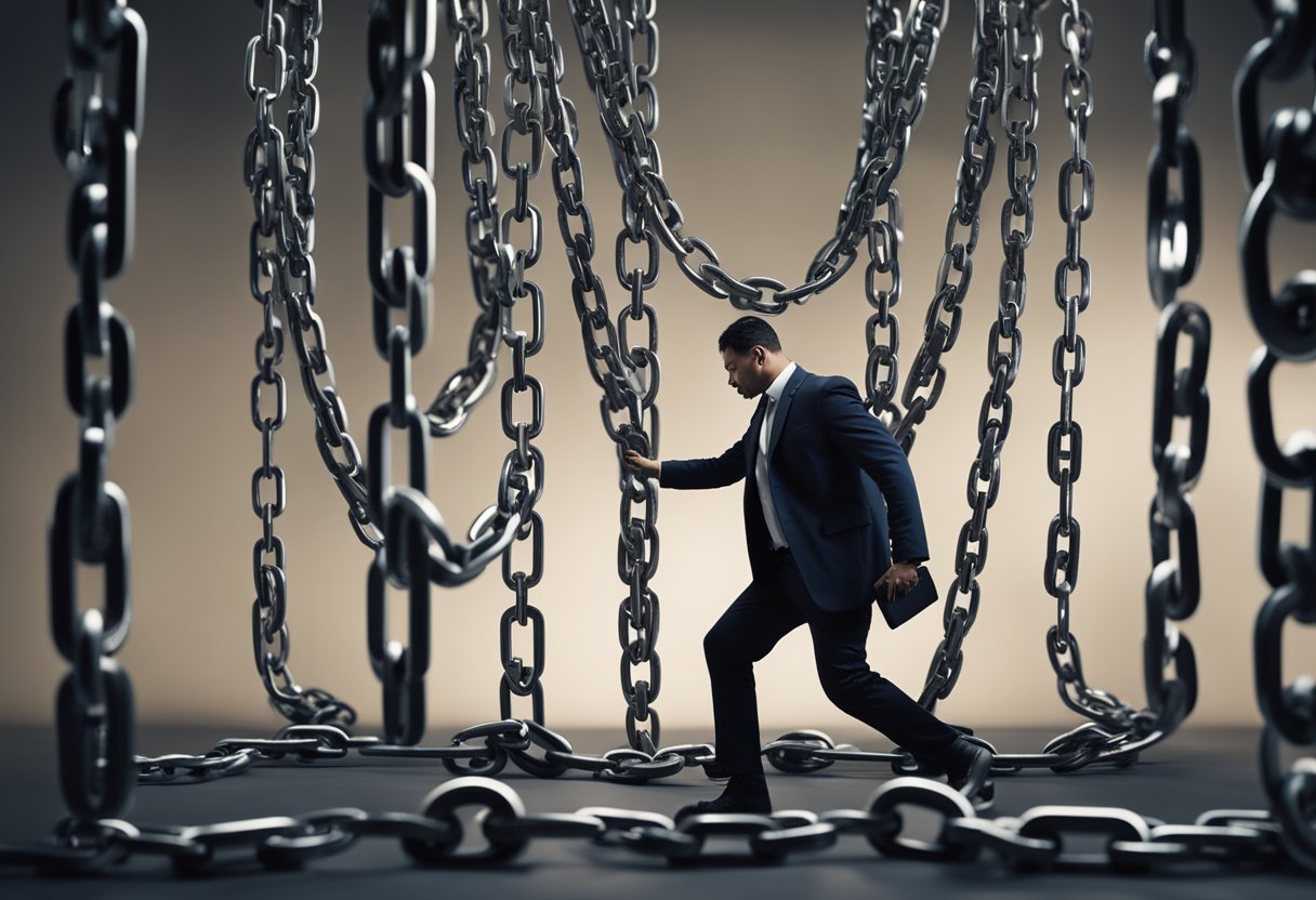 Una persona rodeada de pesadas cadenas, luchando bajo el peso de un gran número de puntuación crediticia que se cierne sobre ella.