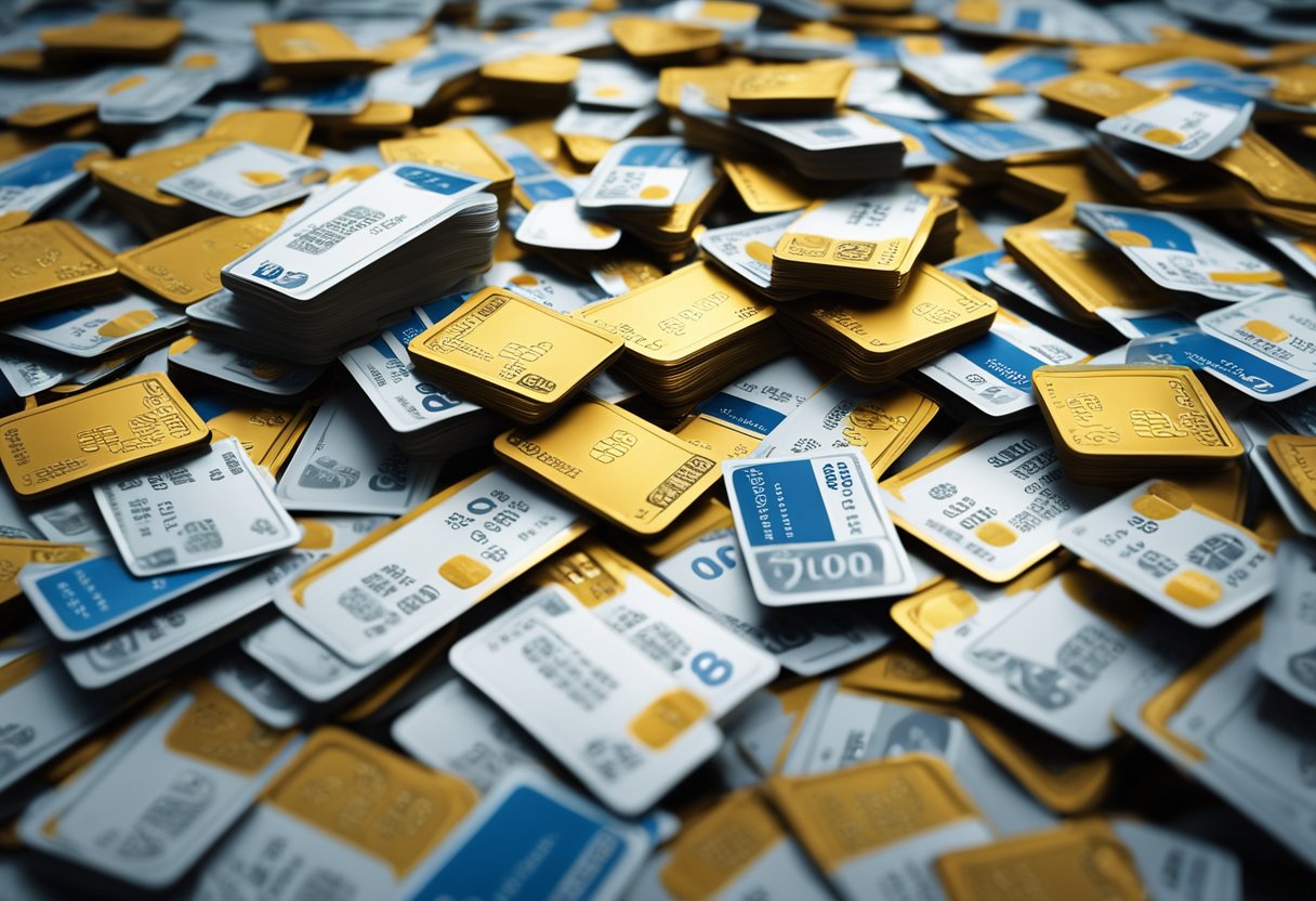 Una persona rodeada de montones de facturas de tarjetas de crédito, luciendo abrumada y estresada. Se muestra un camino que lleva hacia un futuro brillante y libre de deudas en la distancia.
