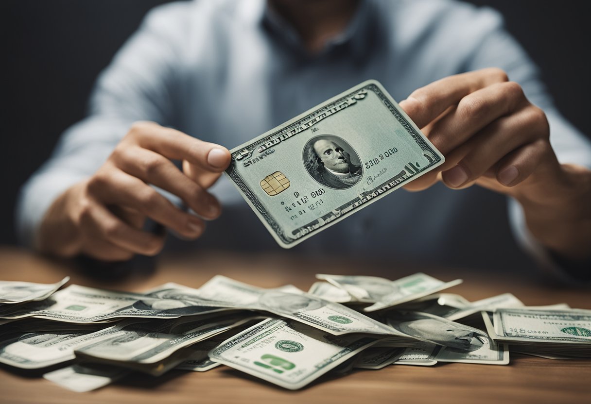 Una persona rodeada de facturas de tarjetas de crédito, con un peso pesado levantado de sus hombros mientras corta su tarjeta de crédito