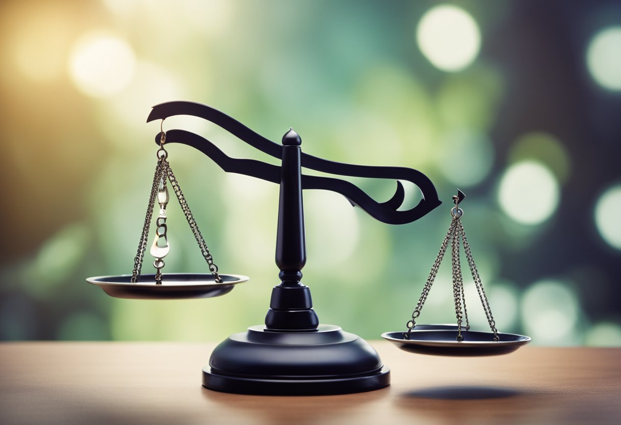 Una balanza que equilibra símbolos financieros positivos y negativos, con flechas apuntando hacia arriba y hacia abajo, representando los factores que afectan las puntuaciones de crédito.