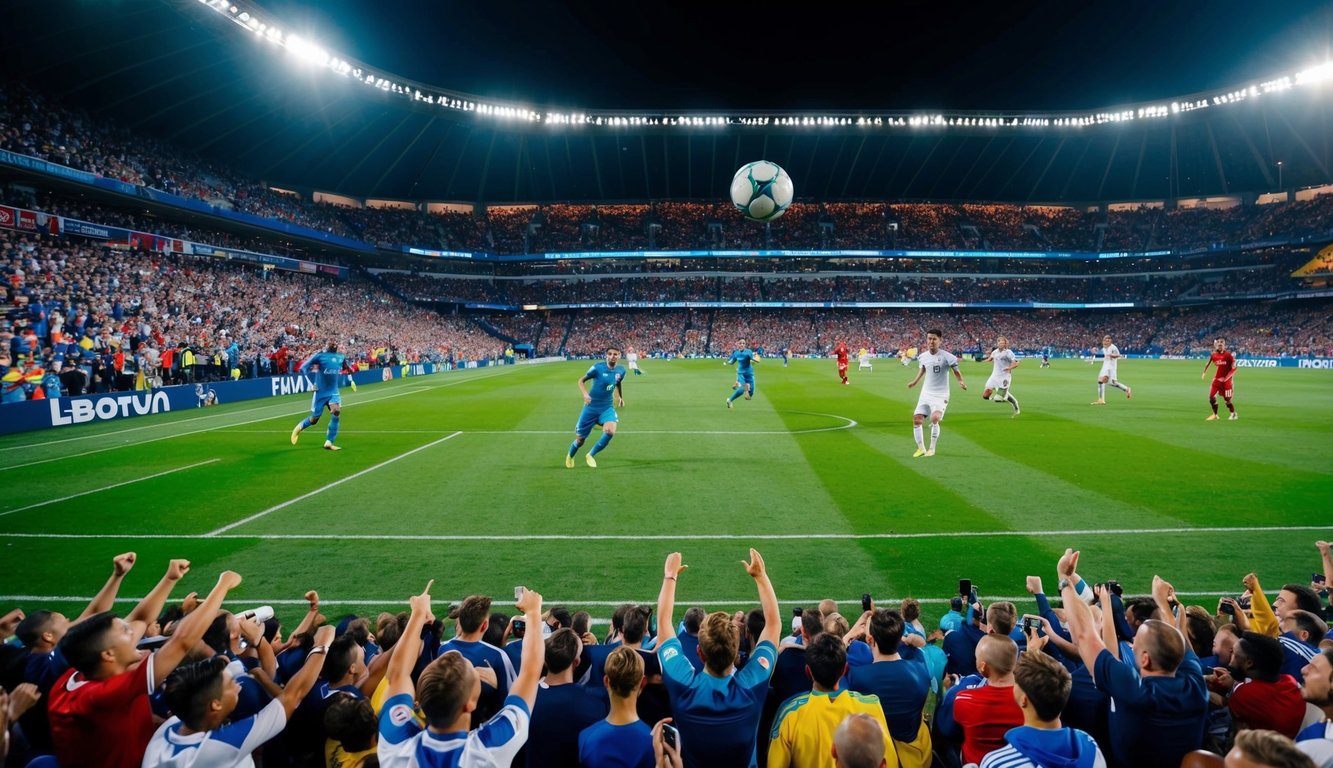 Sebuah stadion yang ramai dengan penggemar yang bersorak, sebuah bola sepak terbang di udara, dan pemain yang beraksi di lapangan