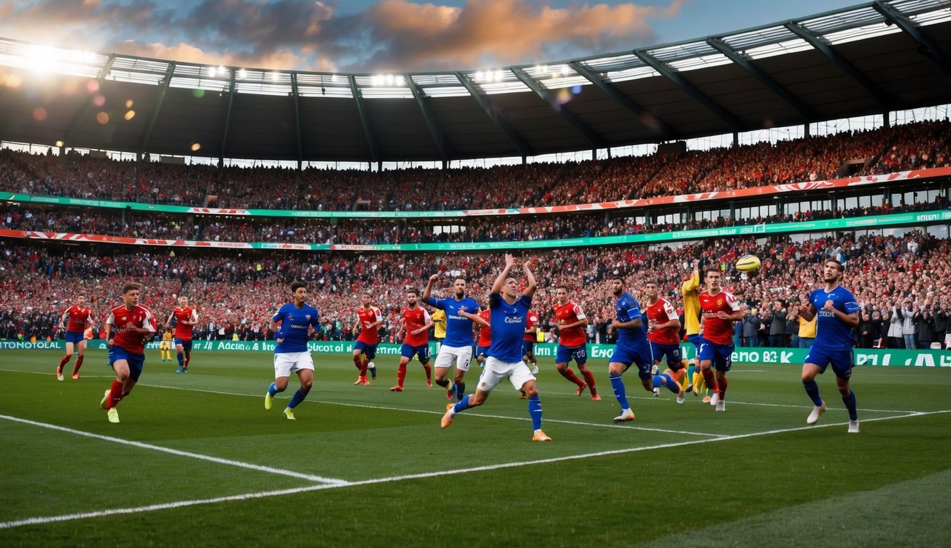 Sebuah stadion yang ramai dengan penggemar yang bersorak, lapangan hijau, dan pemain yang sedang beraksi