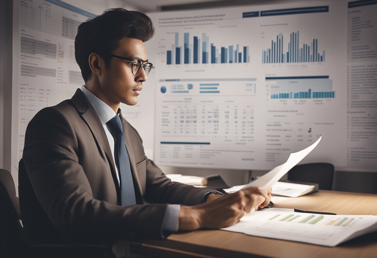 Una persona estudiando documentos financieros con una expresión decidida, rodeada de gráficos y tablas que representan la mejora del crédito.