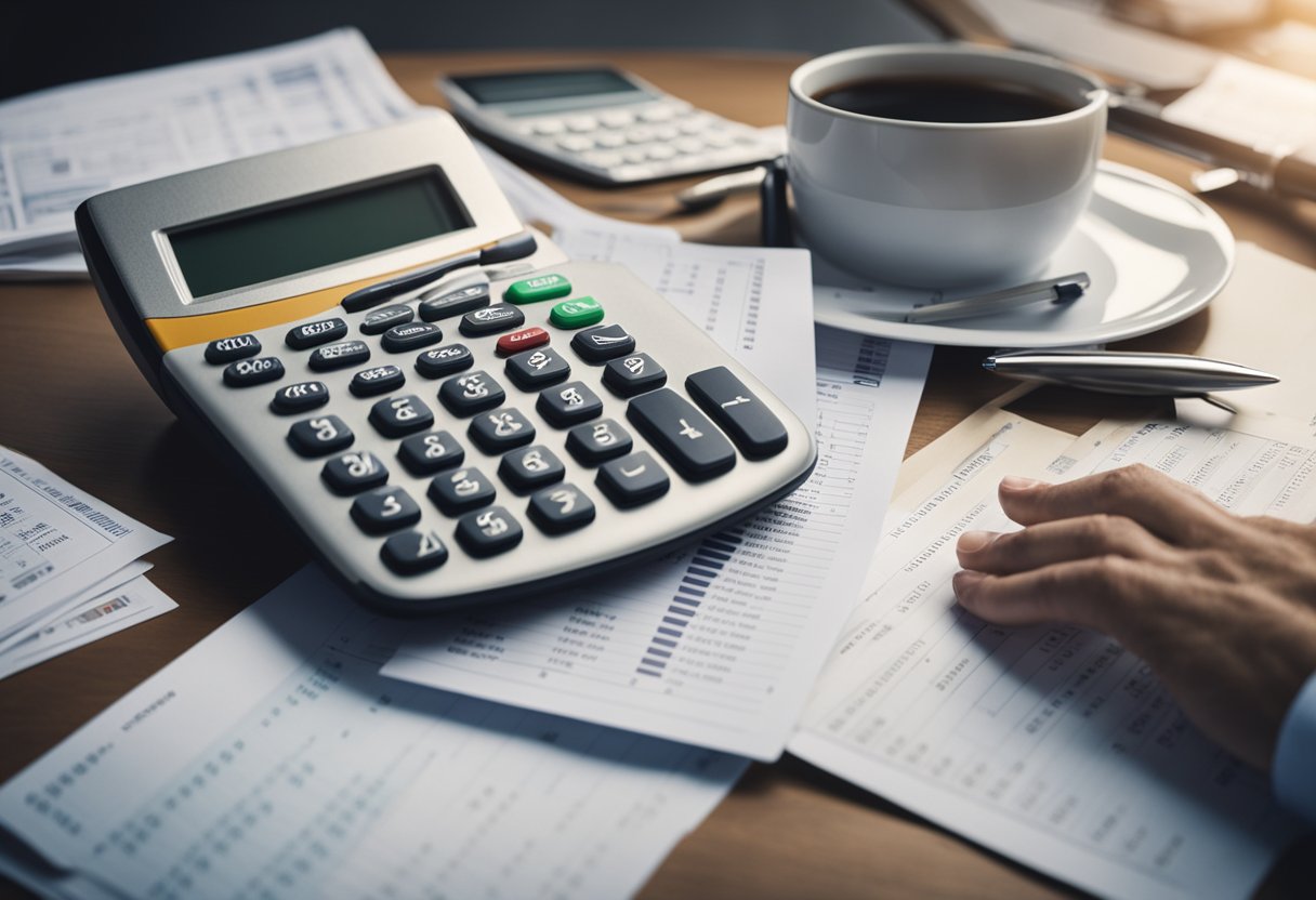 Una persona sentada en un escritorio con una calculadora y un montón de facturas, luciendo estresada. Un gráfico que muestra la mejora del puntaje de crédito.