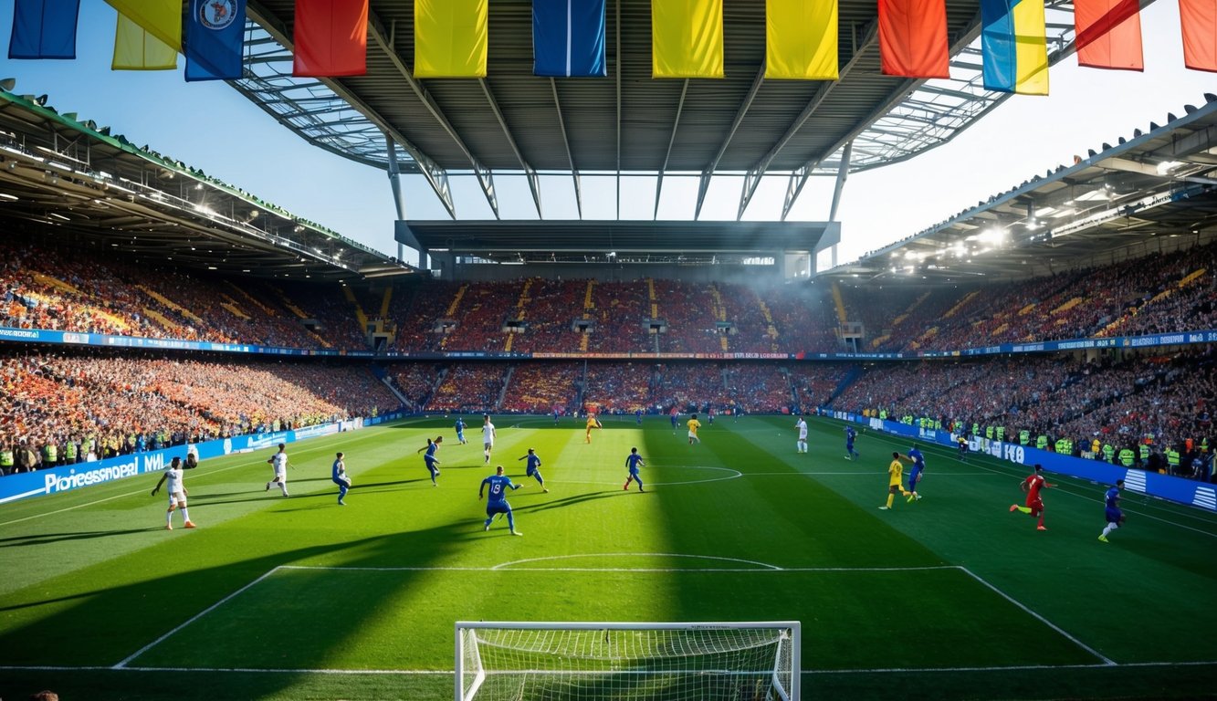 Sebuah stadion sepak bola yang ramai dengan penggemar yang bersorak, spanduk berwarna-warni, dan pemain yang beraksi di lapangan