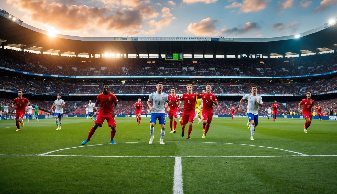 Sebuah stadion sepak bola yang ramai dengan penggemar yang bersorak dan pemain di lapangan