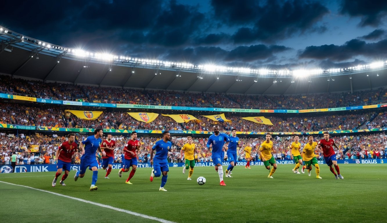 Sebuah stadion yang ramai dengan penggemar yang bersorak dan spanduk berwarna-warni, saat para pemain bersaing di lapangan untuk bonus sepak bola terbesar.