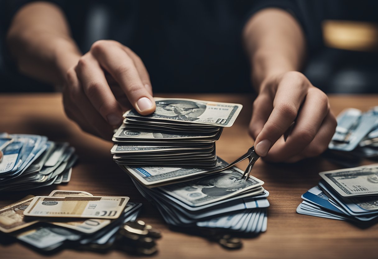 A person looking at a ⁤lot of credit cards, with a large pair of scissors cutting them to symbolize the reduction of credit use.