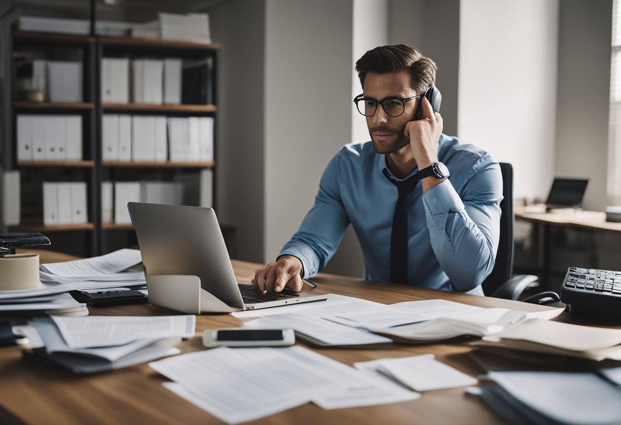 Una persona con un historial financiero problemático se sienta en un escritorio, rodeada de documentos y una computadora, investigando opciones de hipoteca alternativas.