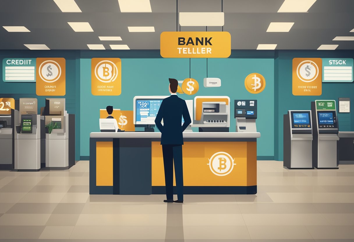 Una persona de pie frente a un cajero del banco, discutiendo su aumento de límite de crédito. El cajero está detrás de un escritorio, y hay logos y letreros del banco en el fondo.