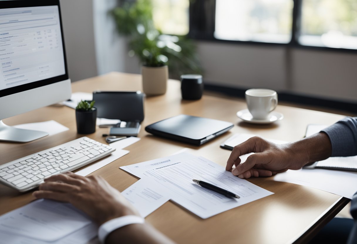 Un escritorio con una computadora, una pila de papeles, un bolígrafo y un formulario de informe de crédito. Una persona está llenando el formulario mientras mira la pantalla de la computadora.