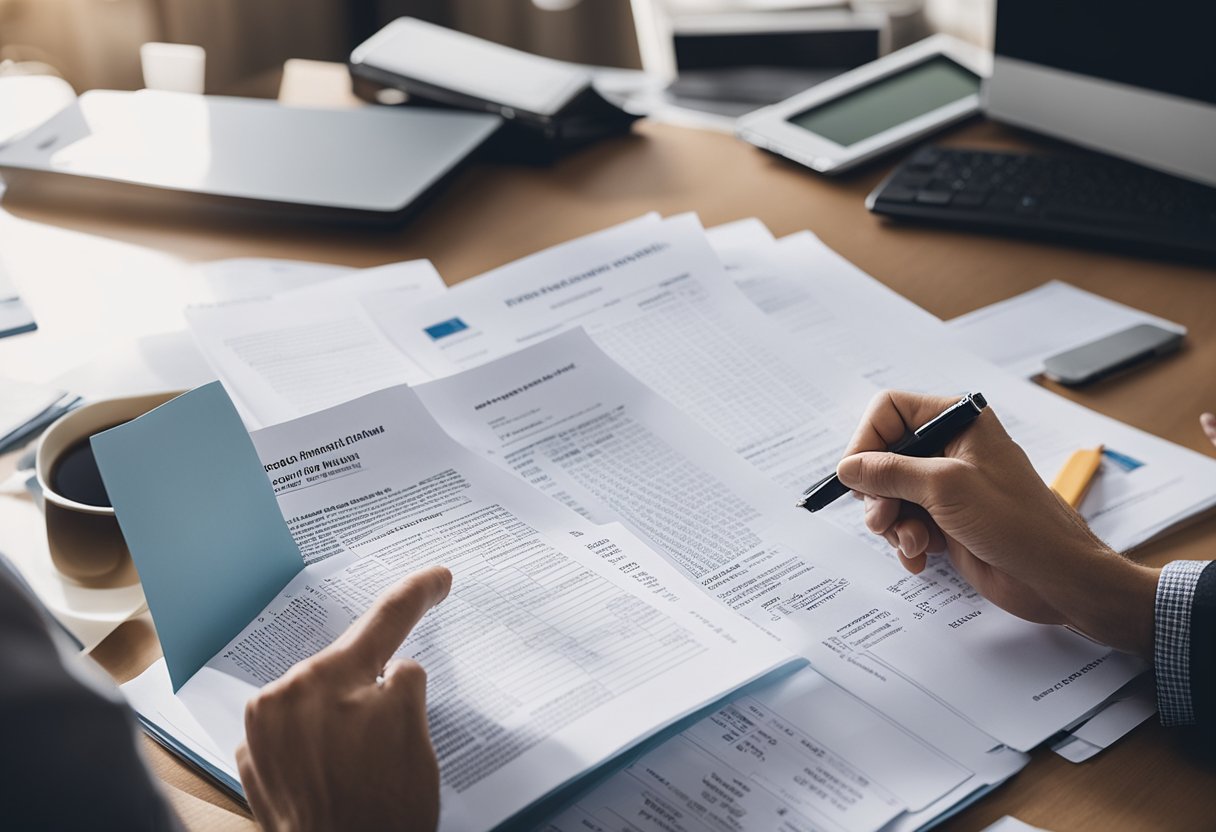Una persona revisando documentos y estados financieros mientras considera varios factores que pueden influir en la aprobación de un límite de crédito más alto.