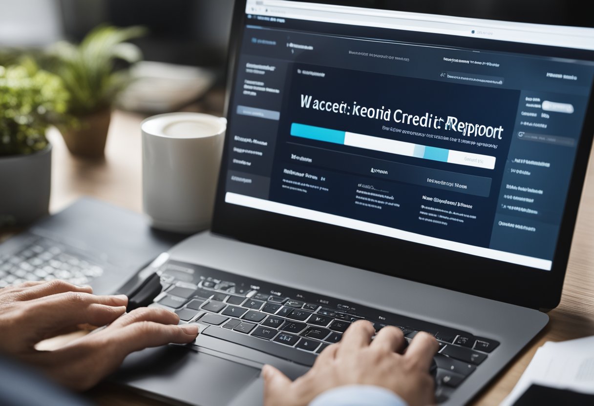 Una persona sentada en un escritorio, utilizando una computadora para acceder a un sitio web para obtener un informe de crédito gratuito. La pantalla muestra la información del informe.