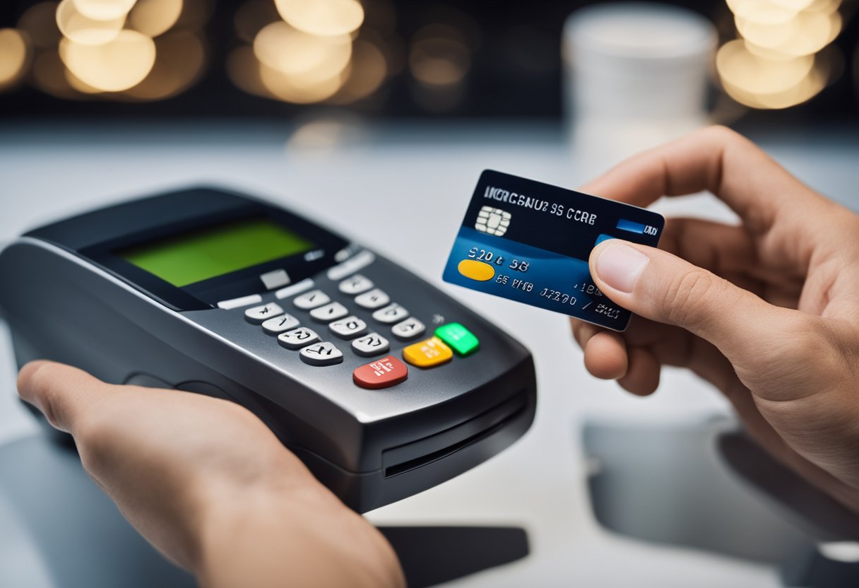 Una persona usando una tarjeta de crédito para varias compras, con un medidor de puntaje de crédito en el fondo que muestra el impacto de cada transacción en el puntaje.