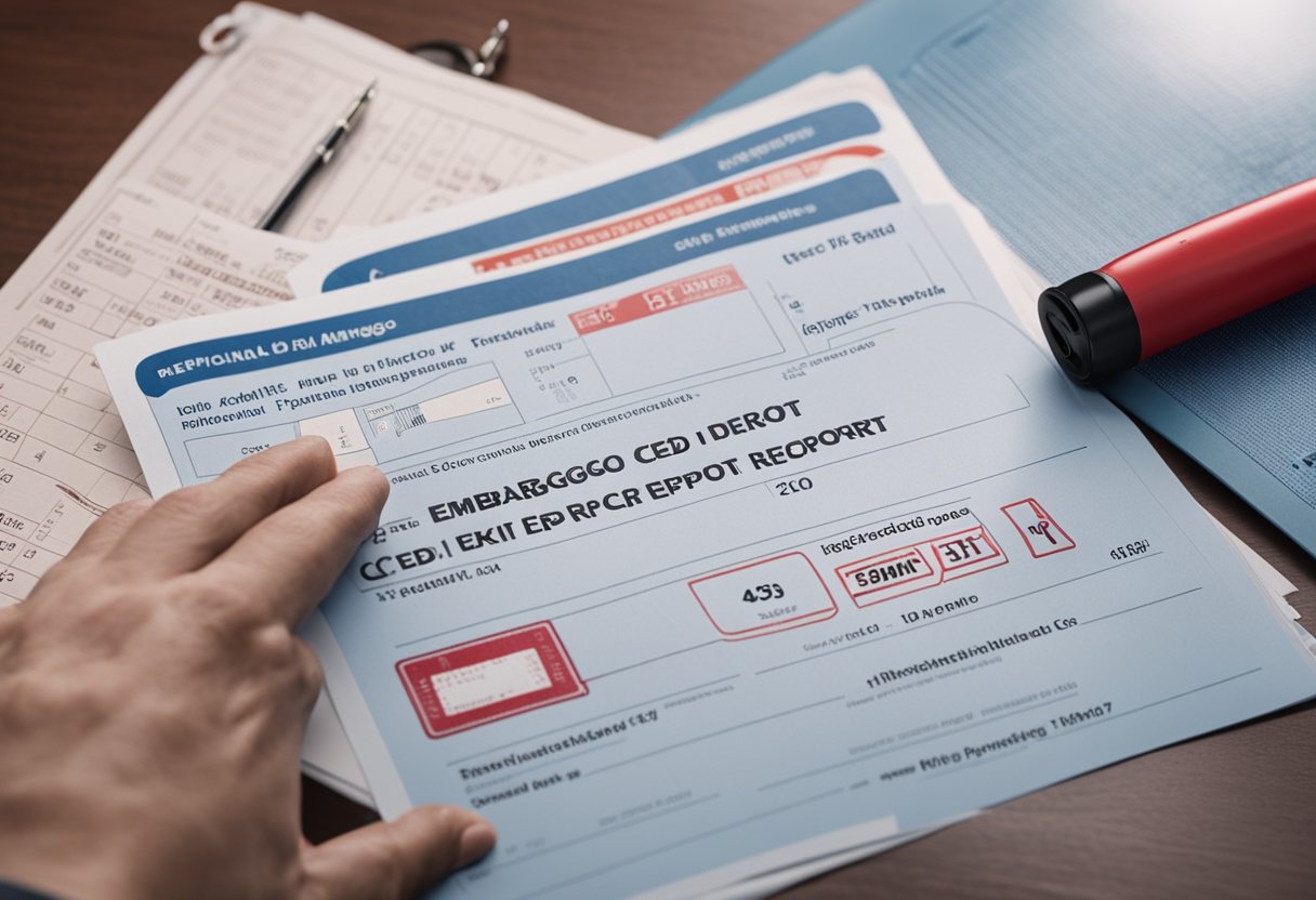 Una persona revisando su informe de crédito con un sello rojo de "embargo" en él, mientras un kit de reparación está cerca.