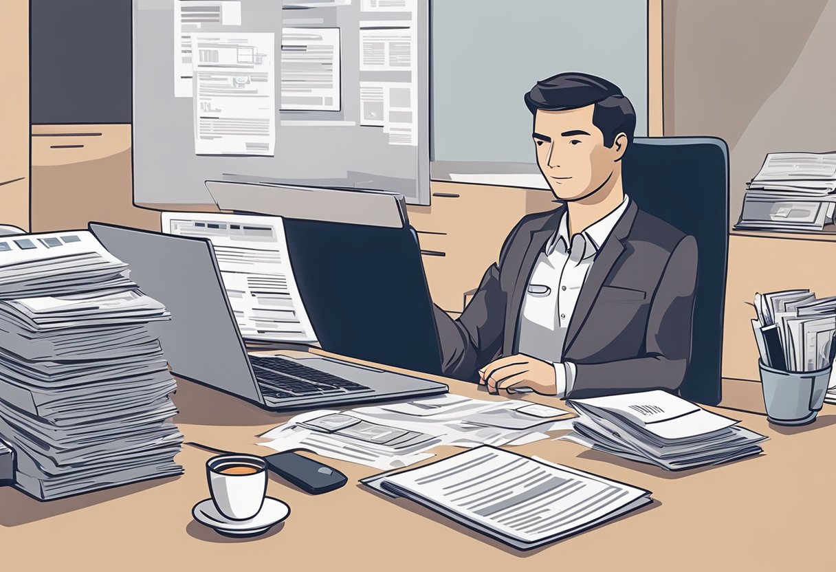 Una persona sentada en un escritorio con una computadora portátil y documentos, rodeada de documentos financieros y un informe de crédito. Está tomando notas y organizando sus finanzas.