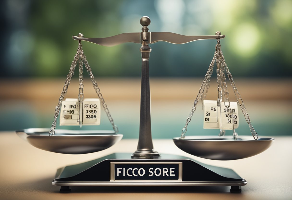 Una balanza con dos lados, uno etiquetado como 'FICO Score' y el otro 'VantageScore', con flechas apuntando en direcciones opuestas