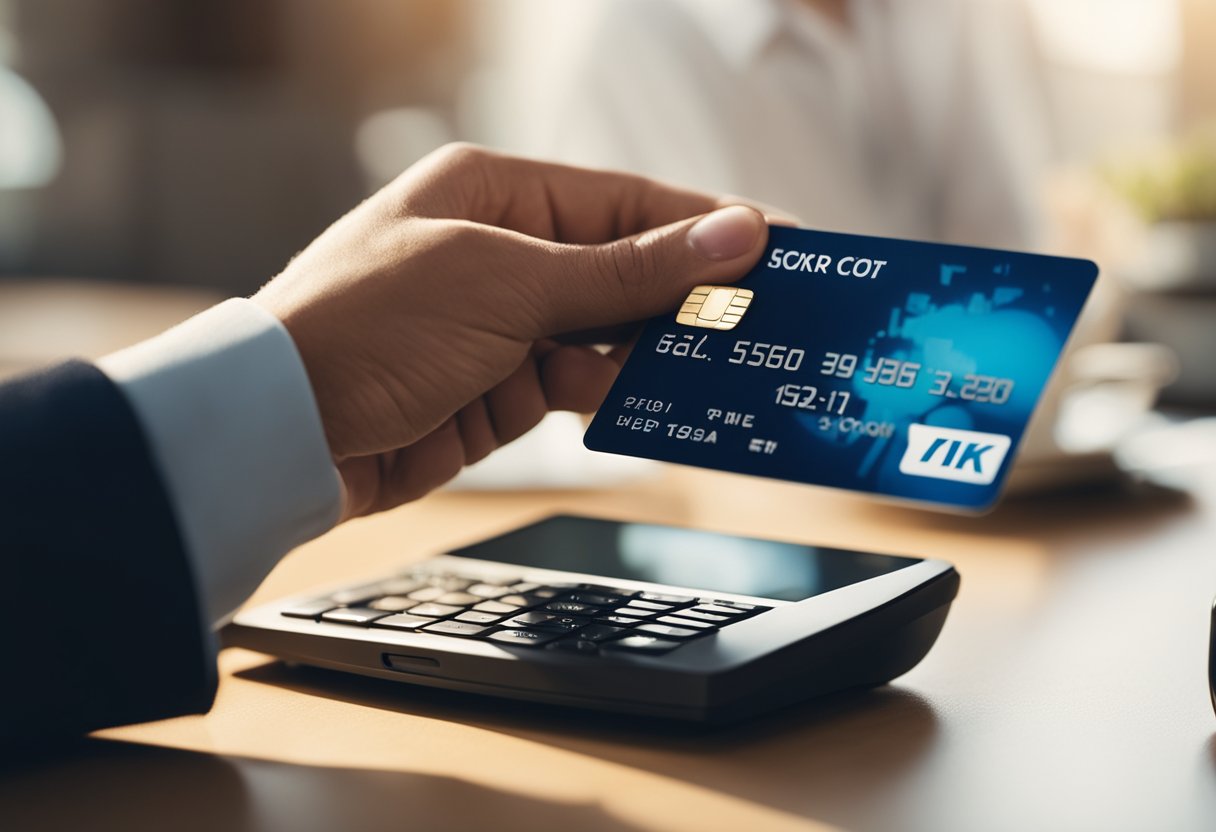 Una persona que utiliza con confianza una tarjeta de crédito asegurada para compras, paga las facturas a tiempo y revisa su puntaje crediticio en línea.