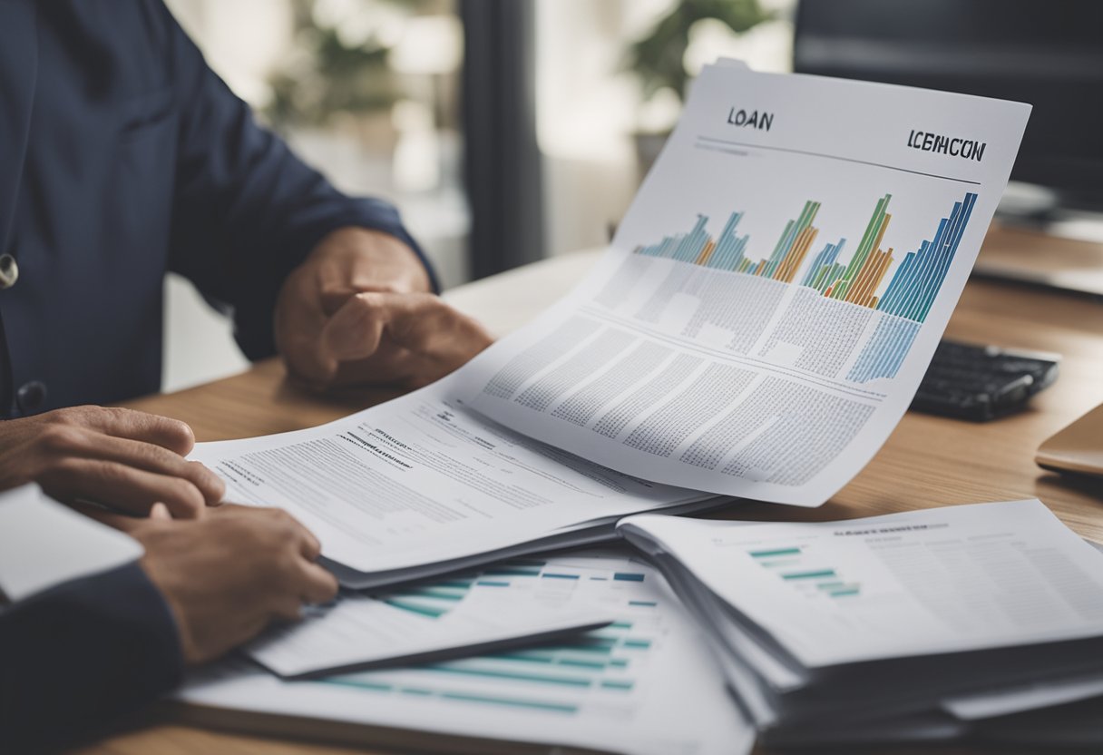 Una persona investigando y leyendo documentos financieros, informes de crédito y solicitudes de préstamo para construir un historial crediticio desde cero.
