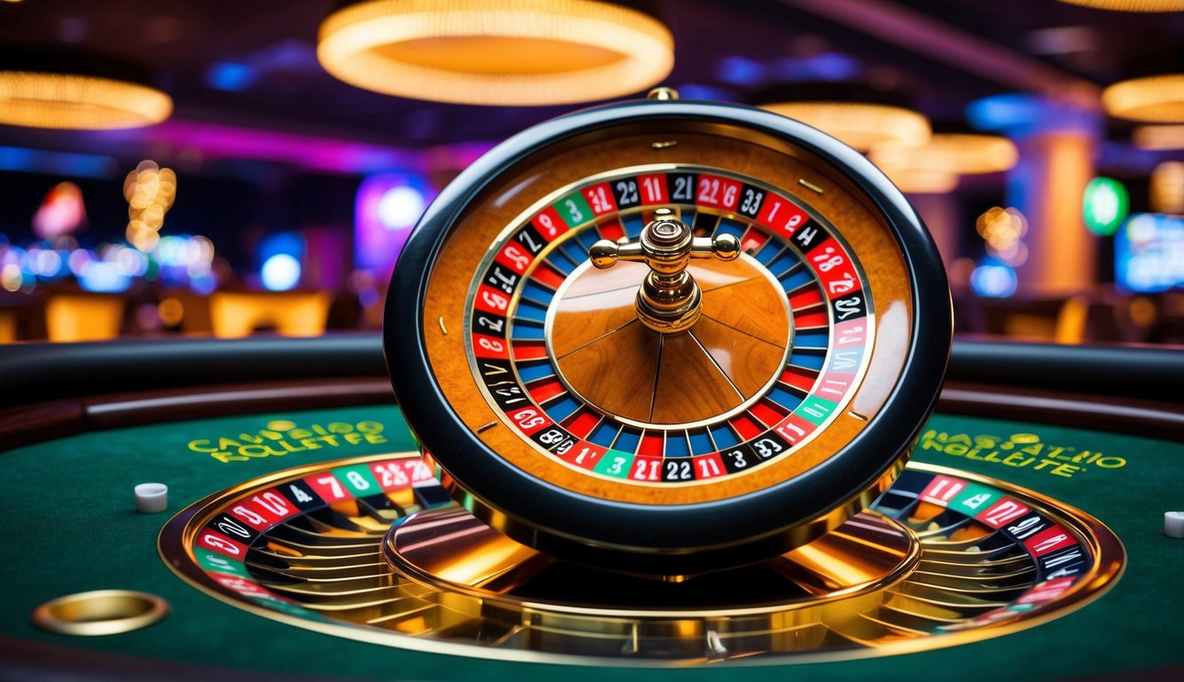 Roda roulette online yang berwarna-warni berputar di atas meja kasino virtual, dikelilingi oleh grafik yang cerah dan suasana yang hidup