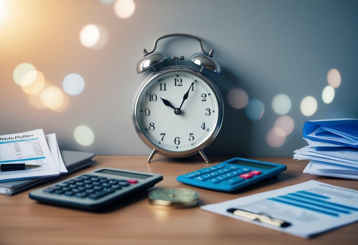 Un reloj que avanza en una pared, rodeado de varias opciones para la reducción de deudas, como una calculadora, herramientas de presupuesto y documentos financieros.