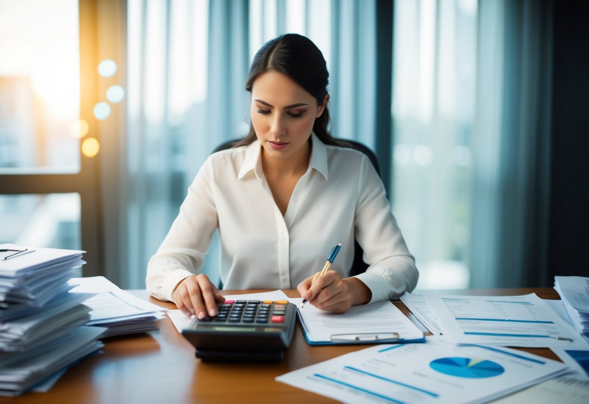 Una persona sentada en un escritorio, rodeada de facturas y documentos financieros. Está usando una calculadora y escribiendo en un cuaderno, luciendo decidida y concentrada.