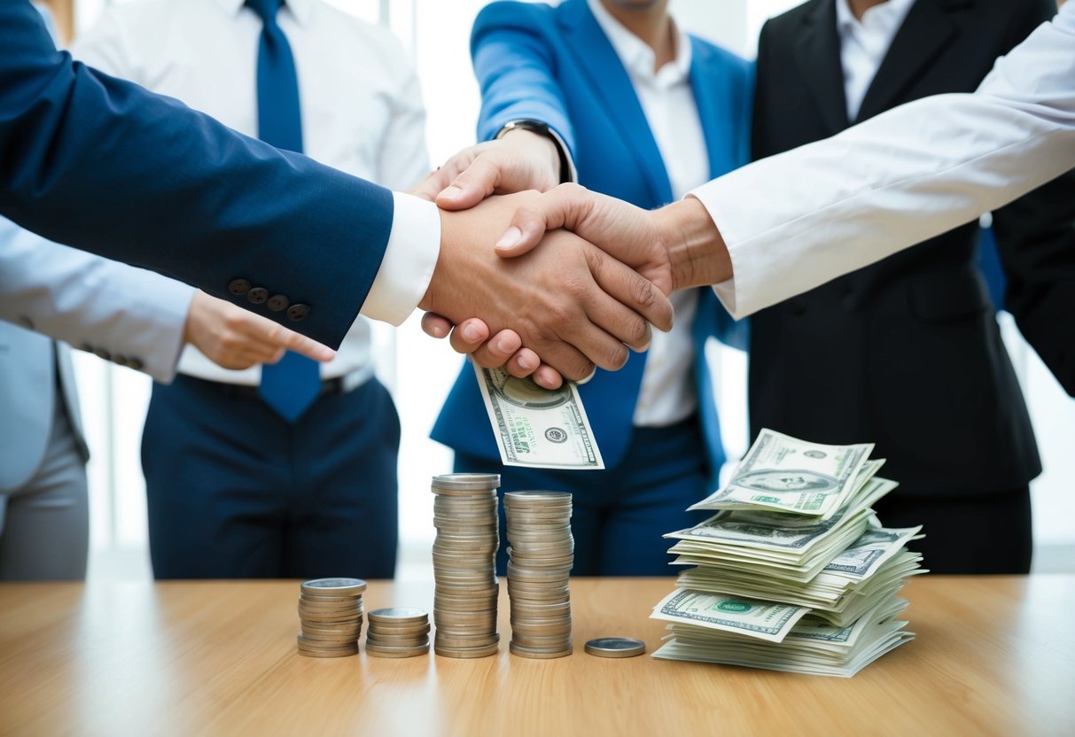 Un grupo de personas dándose la mano con un negocio de confianza, mientras otros señalan hacia una pila de billetes y monedas, simbolizando la reducción de deudas.