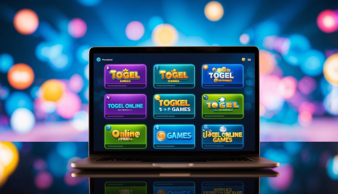 Antarmuka digital yang berwarna-warni dan dinamis menampilkan berbagai permainan Togel online dengan grafik yang ramping dan modern