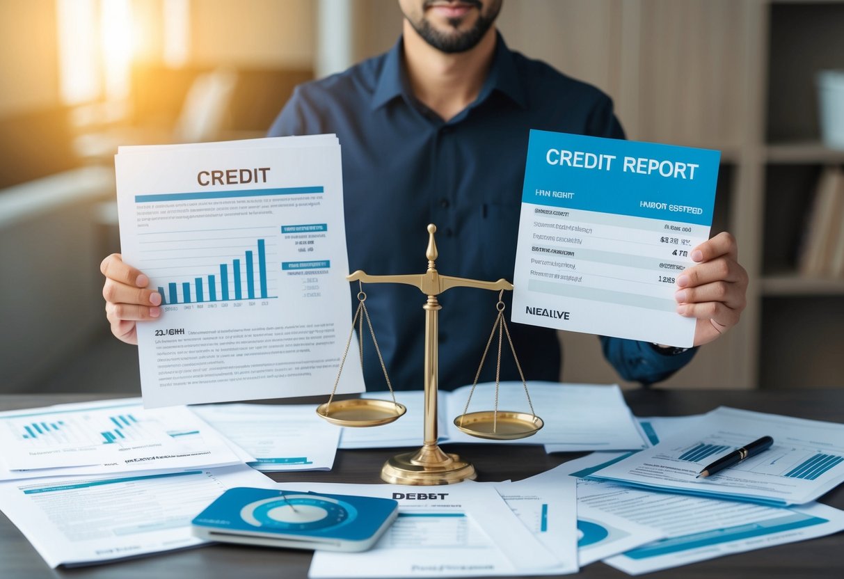 Una persona rodeada de documentos financieros, con una balanza que muestra que la deuda supera al crédito, y un informe de crédito con marcas negativas.
