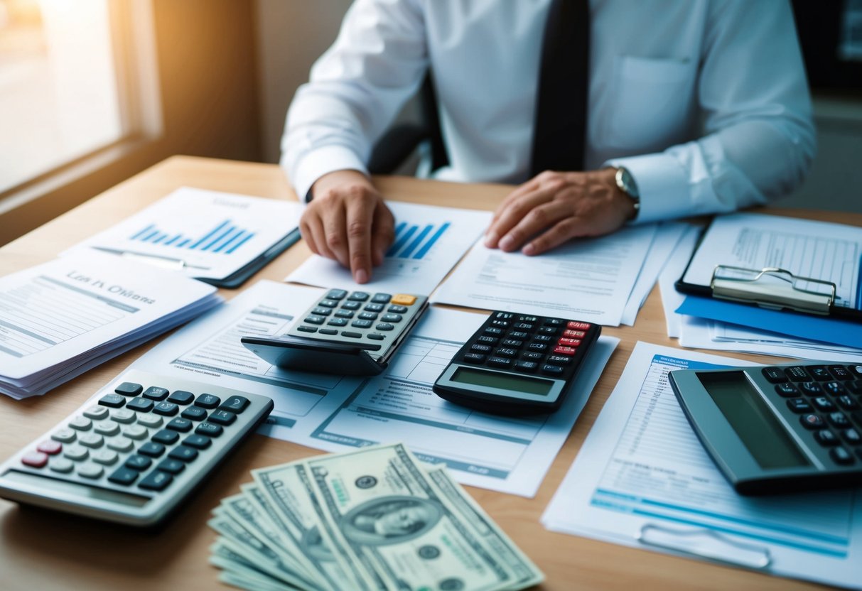 Una persona sentada en un escritorio rodeada de documentos, calculadoras y documentos financieros, comparando cuidadosamente las opciones de préstamo para la consolidación de deudas.