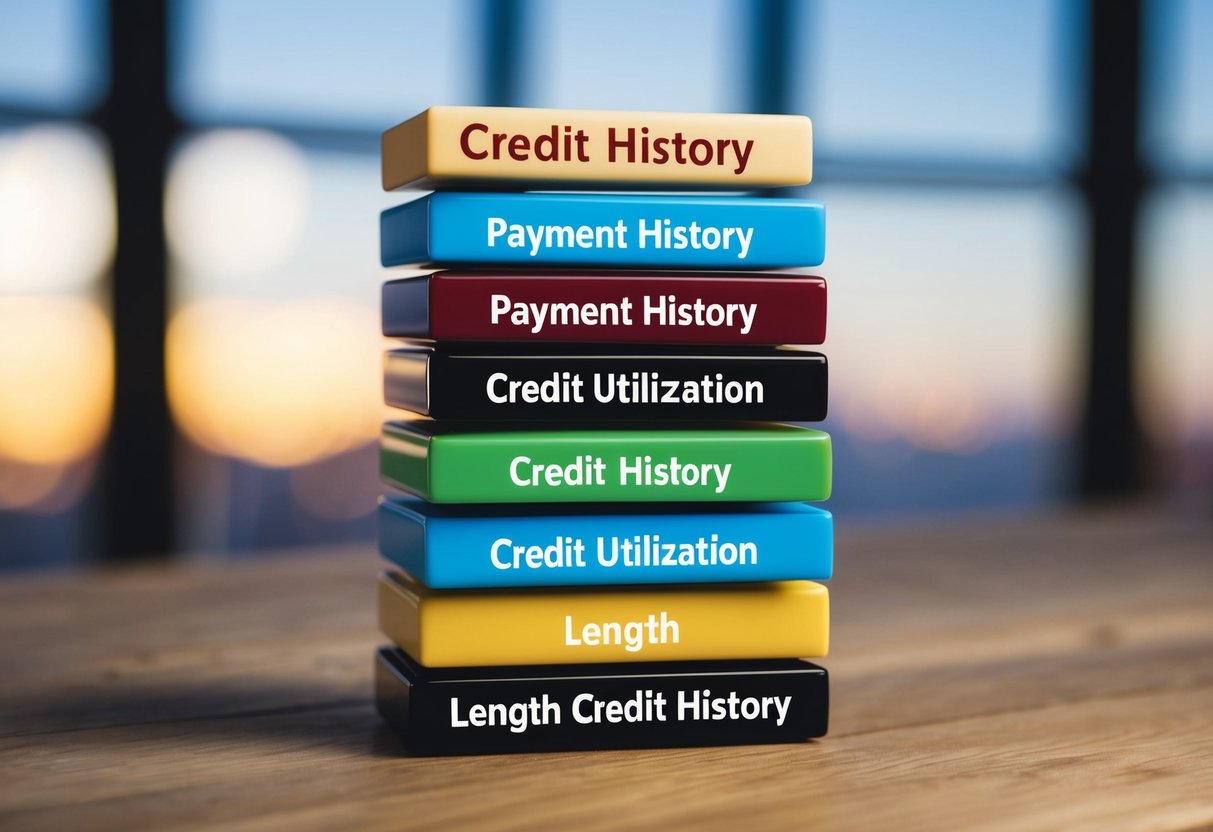 Una pila de pilares robustos que representan los componentes clave de un buen historial crediticio, con cada pilar etiquetado con factores importantes como el historial de pagos, la utilización de crédito y la duración del historial crediticio.