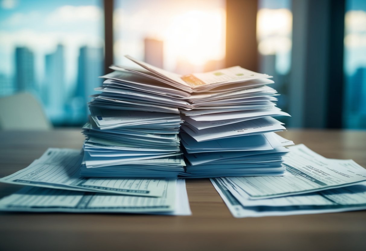 Un montón de facturas y estados financieros, con un lado mostrando una acumulación gradual de deuda y el otro lado mostrando una clara reducción y resolución de deuda