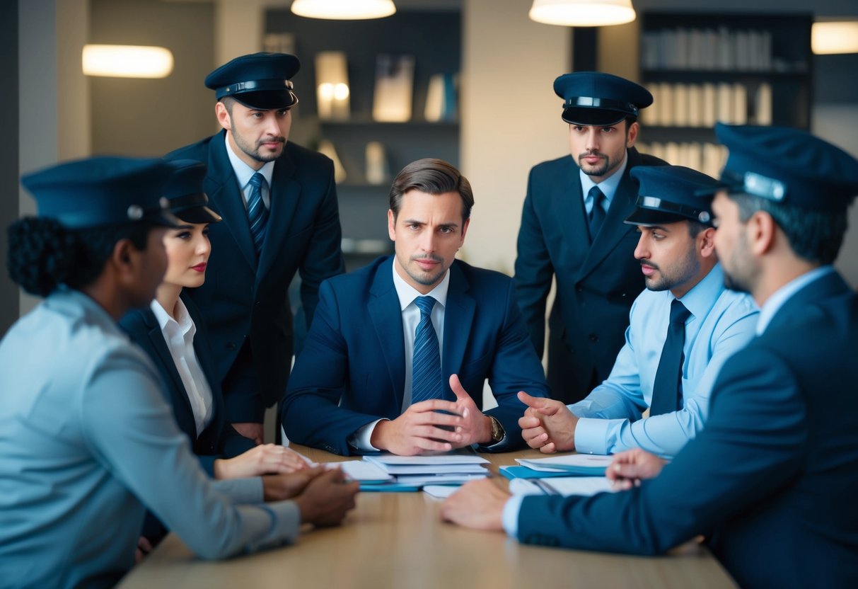Una persona discutiendo tranquilamente las opciones de pago con un grupo de cobradores de deudas de aspecto severo en una oficina poco iluminada.