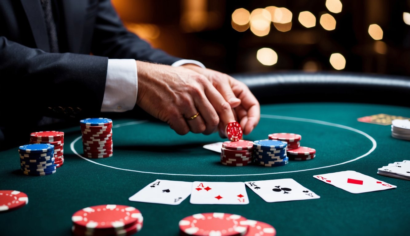 Sebuah meja poker dengan chip, kartu, dan tangan yang menang