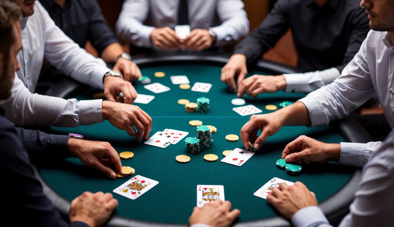 Sekelompok pemain poker berkumpul di sekitar meja, kartu dan chip mereka tersebar saat mereka merencanakan strategi dan membuat langkah berikutnya.