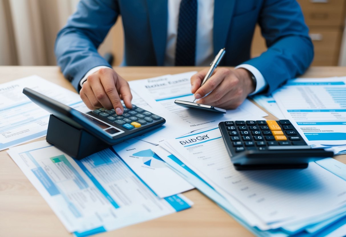 Una persona sentada en un escritorio, rodeada de facturas y documentos financieros. Está usando una calculadora y tomando notas en un planificador de presupuesto.