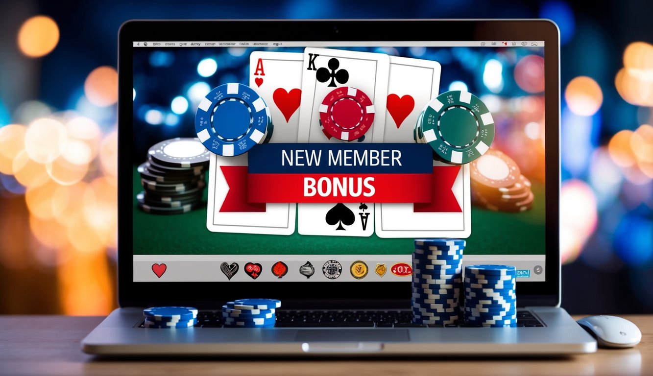 Sekelompok chip poker dan kartu dengan spanduk "Bonus Anggota Baru" yang ditampilkan di layar komputer