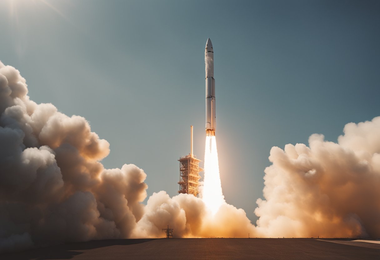 A rocket launching from a launchpad with flames and smoke billowing out as it ascends into the sky