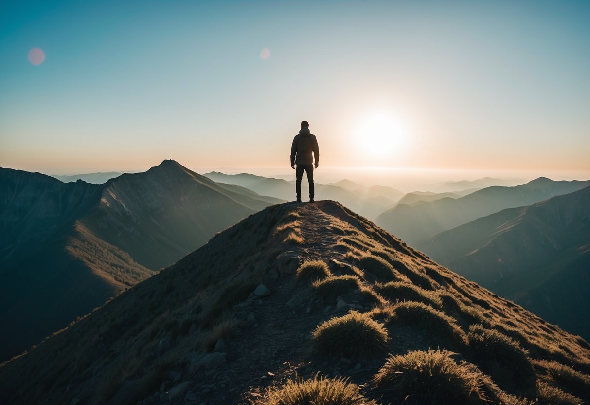 Una persona de pie en la cima de una montaña, proyectando una larga sombra sobre un valle lleno de deudas enredadas, mientras un brillante sol sale en la distancia.