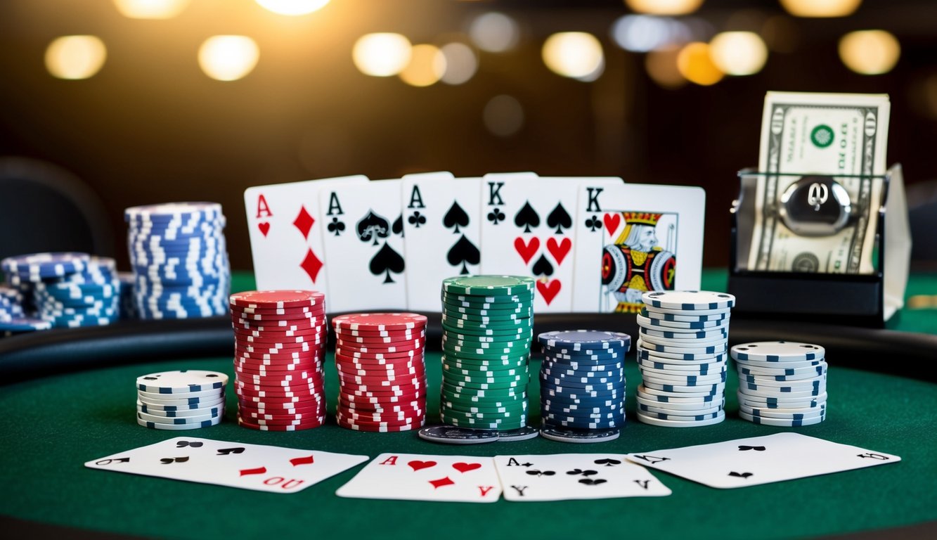 Sekelompok chip poker dan kartu yang disusun di atas meja felt hijau, dengan tombol dealer dan tumpukan uang tunai di latar belakang