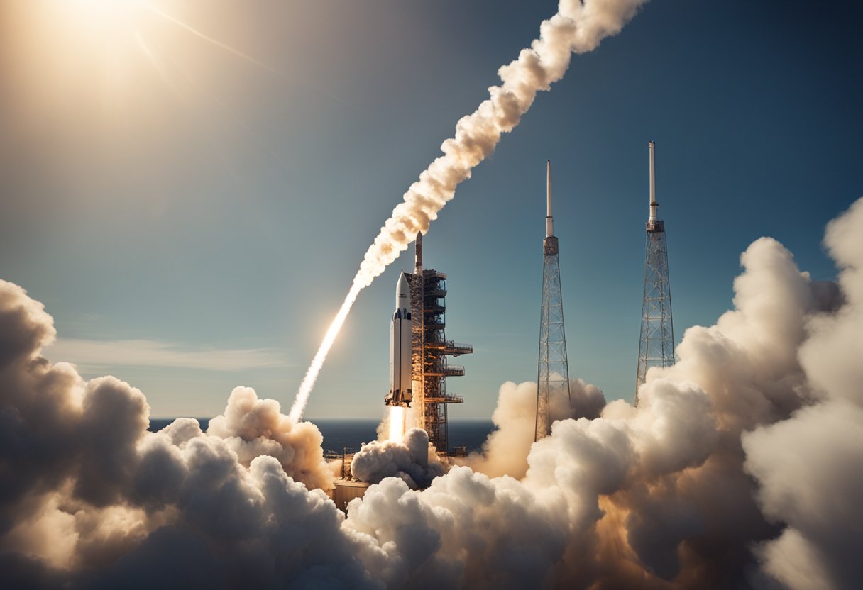 A rocket launching into space with a plume of smoke and flames trailing behind it