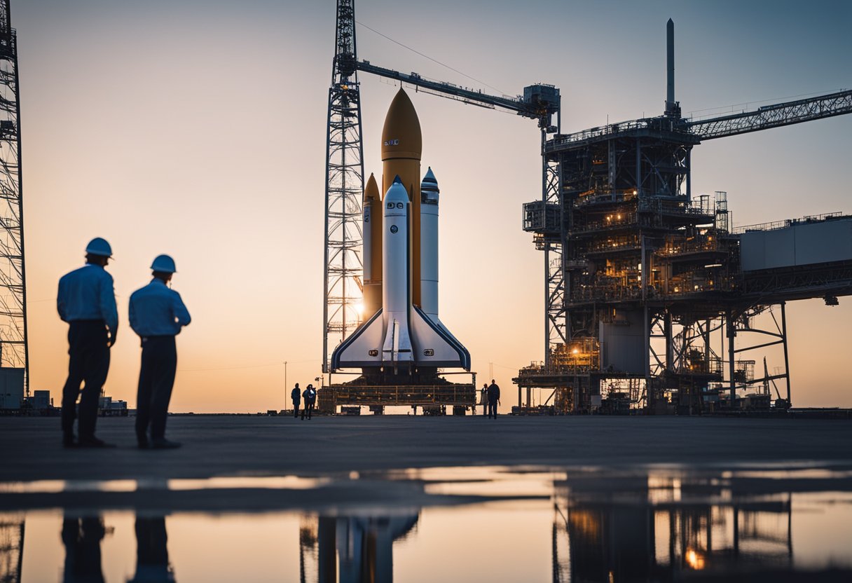 A rocket sitting on a launch pad with engineers conducting final checks and adjustments before liftoff certification