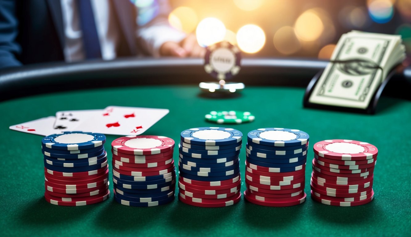 Sekelompok chip poker dan kartu yang disusun di atas meja felt hijau, dengan tombol dealer dan tumpukan uang tunai di latar belakang