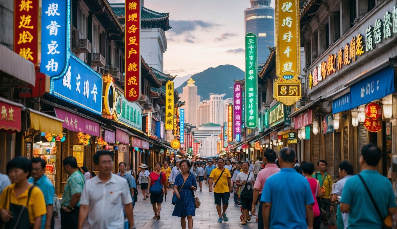 Sebuah jalan yang ramai di distrik Bandar Toto Macau, dipenuhi dengan tanda-tanda berwarna-warni, toko-toko yang sibuk, dan campuran penduduk lokal serta turis.