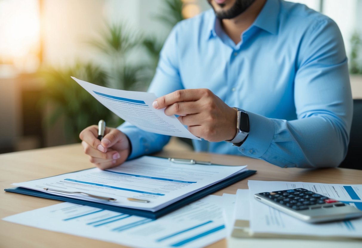 Una persona revisando documentos financieros, incluidos los requisitos de ingresos y la información sobre préstamos existentes, mientras considera calificar para una hipoteca.