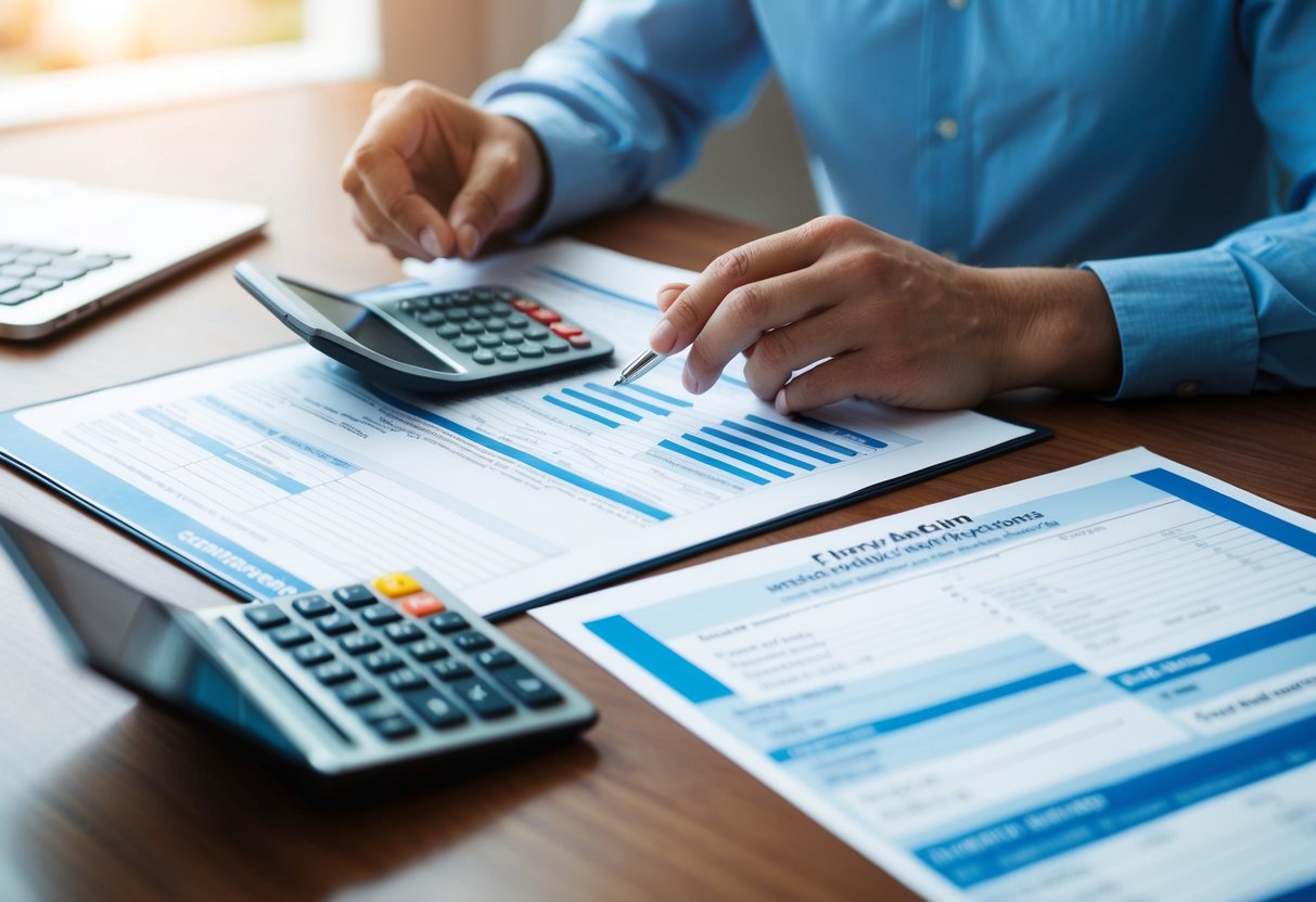 Una persona revisando documentos financieros e informes de crédito, con una calculadora y una solicitud de hipoteca en un escritorio.