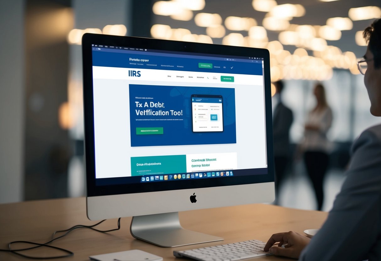 Una pantalla de computadora muestra un sitio web de impuestos con una herramienta de verificación de deudas, mientras un logo del IRS es visible en el fondo.