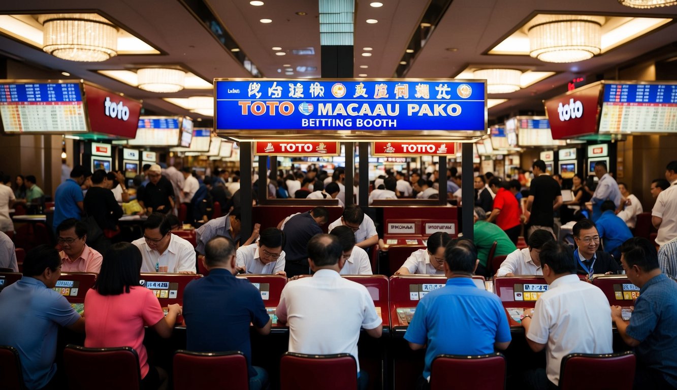 Sebuah kios taruhan Toto Macau yang ramai dengan orang-orang yang dengan antusias memasang taruhan mereka