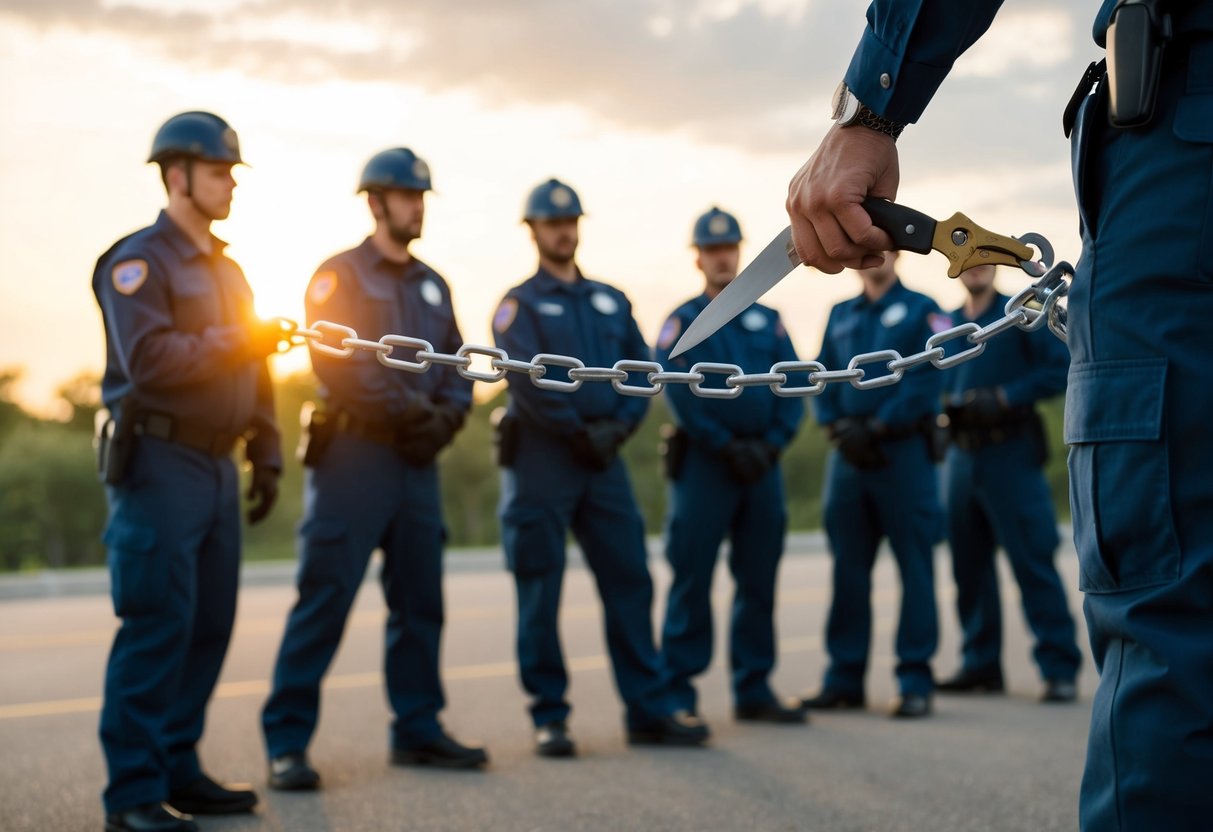 Un grupo de personas practicando simulacros de respuesta a emergencias. Una persona cortando una cadena, simbolizando el pago anticipado de deudas.